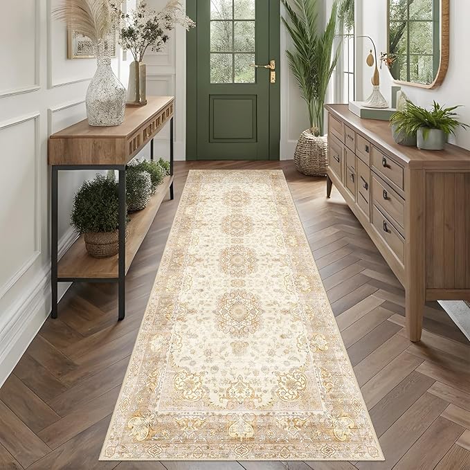 Washable Runner Rug 2'x8',Boho Rug Runners Non Slip,Long Rugs for Hallways Kitchen Bathroom Bedroom Entryway,Vintage Bohemian Distressed Floor Carpet,Beige Gold Floral