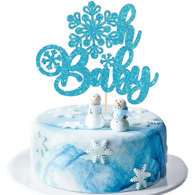 Gyufise 1 Pack Oh Baby Cake Topper Glitter Snowflake Baby Shower Cake Pick Decorations for Winter Theme Kids Birthday Party Supplies Blue
