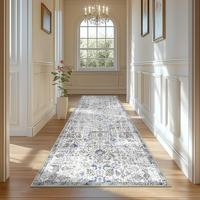 jinchan Kalen Runner Rug 3x10 Washable Hallway Rug Vintage Runner Indoor Floor Cover Thin Retro Distressed Floral Country Non Slip Carpet for Entryway Bathroom Bedroom Living Room Stairway Blue