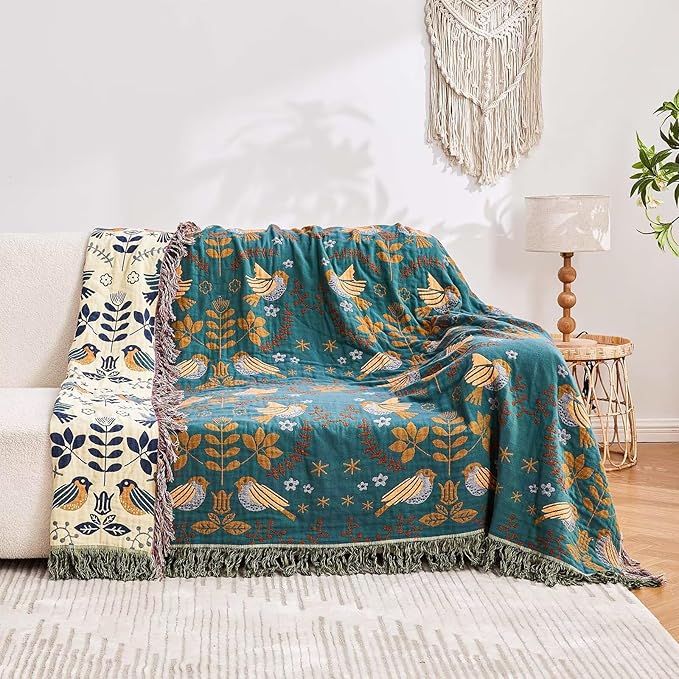Boho Throw Blanket, 100% Cotton Ultra Soft Luxury Fall Throw Rustic Quilt, 50"x60" Floral Printed Farmhouse Decor Bed Summer Blankets, All Season Rustic Reversible Bohemian Throw for Bed