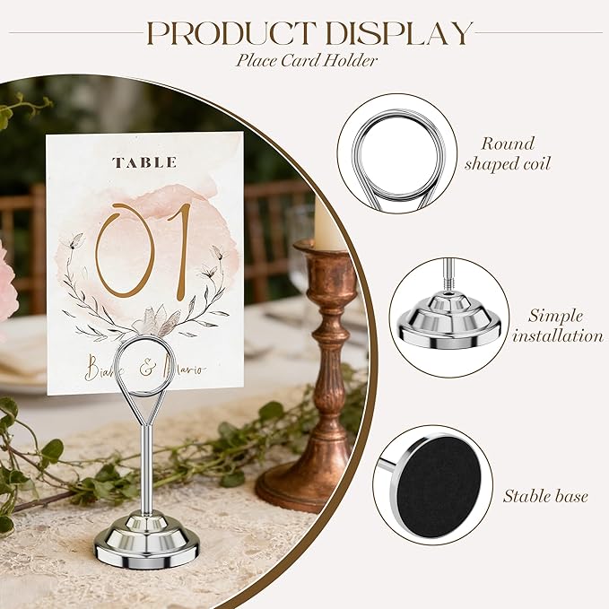 Urban Deco 16 Pieces Table Card Holder Place Card Holders 4 inches Steel Card Holders for Photos, Food Signs, Memo Notes, Weddings, Restaurants, Birthdays (Silver Round)