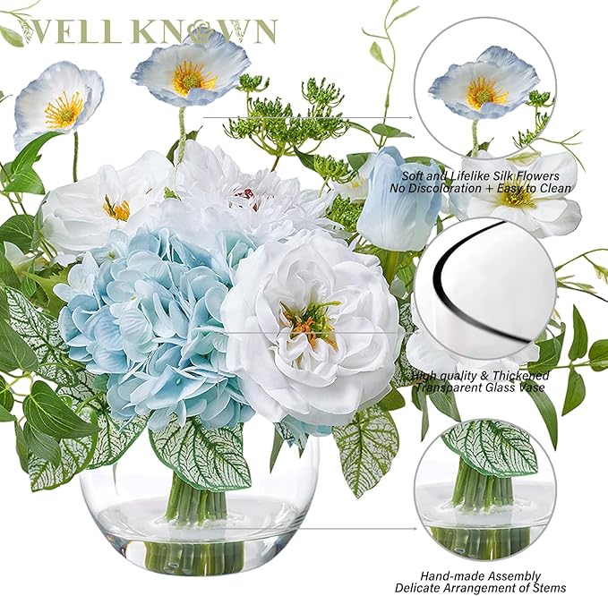 WELL KNOWN Artificial Silk Flowers Bouquet with Vase, Fake Flower Arrangements in Glass Vase with Faux Water for Spring Summer Seasonal Home Office Hotel Wedding Table Decor (Blue in Spring)