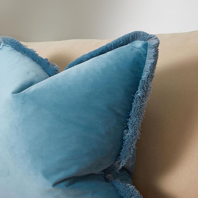 JUSPURBET Aqua Decorative Velvet Fringe Throw Pillow Covers 18x18 Set of 2 Boho Soft Cushion Case for Home Decor Living Room Couch Sofa Bed