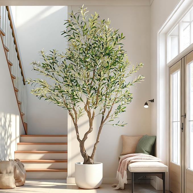 8ft Faux Olive Tree with Pot & Moss Artificial Olive Plant Fake Olive Tree for Home Decor, Large Indoor Artificial Trees Faux Plants Indoor Durable Artificial Trees for Living Room/Office