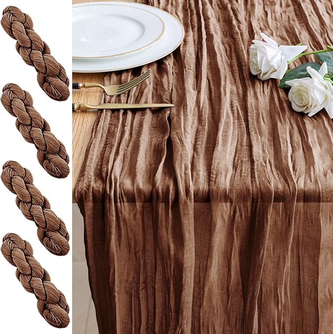 4PCS Table Runner Cheesecloth 10FT Brown Boho Gauze Cheese Cloth Rustic Sheer Table Runners for Wedding Bridal Baby Shower Party Decoration
