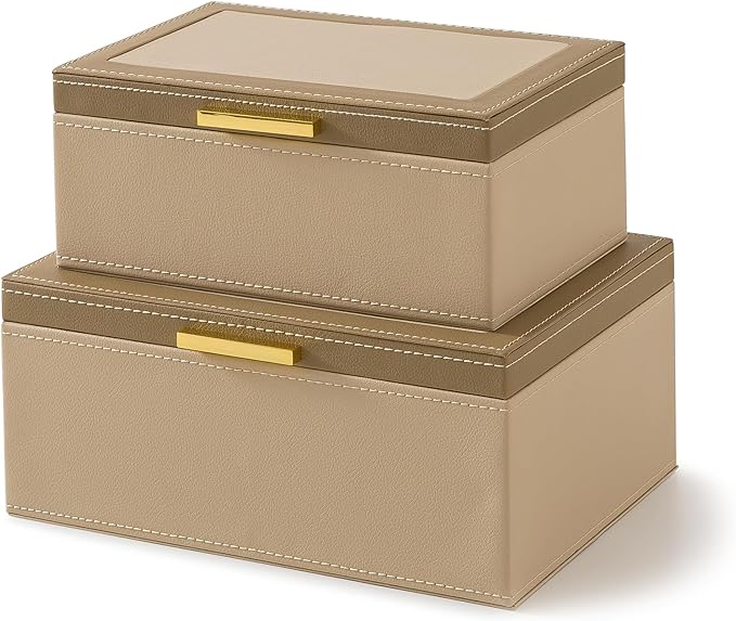 Soul & Lane Faux Leather Decorative Boxes with Lids and Gold Hardware for Home Decor, Set of 2 Stacking Hinged Boxes for Coffee Table and Living Room Shelves, Remote Control Holder, Two-tone Sand