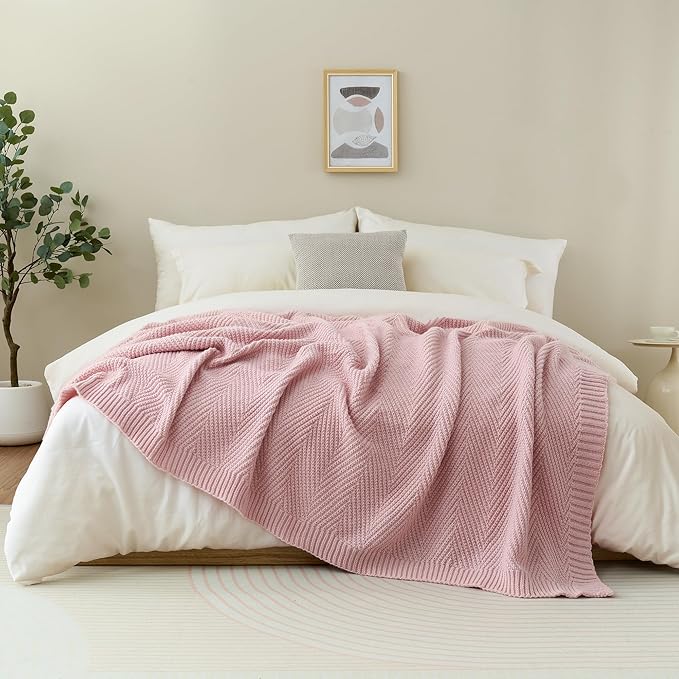 Knitted Throw Blanket 50"X60", Dusty Pink Knit Throws for Bed, Super Soft Boho Chevron Blankets for Couch Sofa Chair Room Decor, Textured Decorative Farmhouse Cozy Lightweight