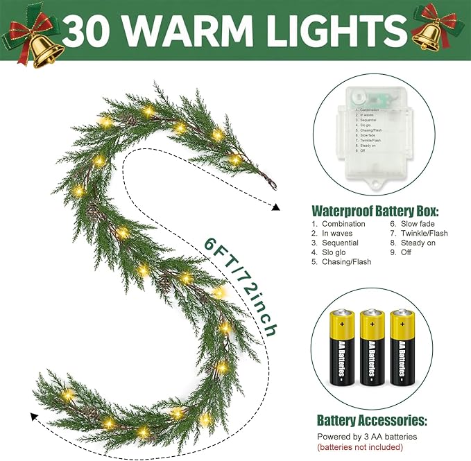 Artgar 2Pcs Christmas Cedar Garland, 6 Ft Realistic Pine Garland, Prelit Christmas Garland with 30 Warm Lights with 8 Light Modes for Mantels Stair Table Indoor Outdoor Winter Xmas Decor (Green 2Pcs)