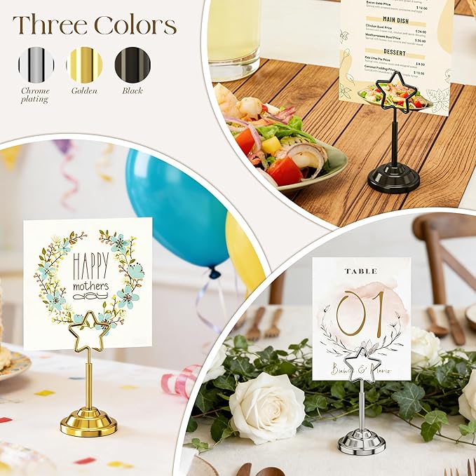 Urban Deco 16 Pieces Table Card Holder Place Card Holders 4 inches Steel Card Holders for Photos, Food Signs, Memo Notes, Weddings, Restaurants, Birthdays (Gold Pentagram)