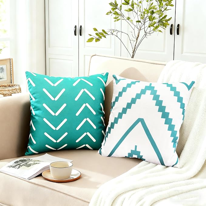 Decorative Throw Pillow Covers 20x20 inch Set of 4 Aqua Blue Pillow Covers for Couch Sofa Bed Living Room,Farmhouse Outdoor Throw Pillow Cover,Modern Geometric Linen Square Throw Pillow Case