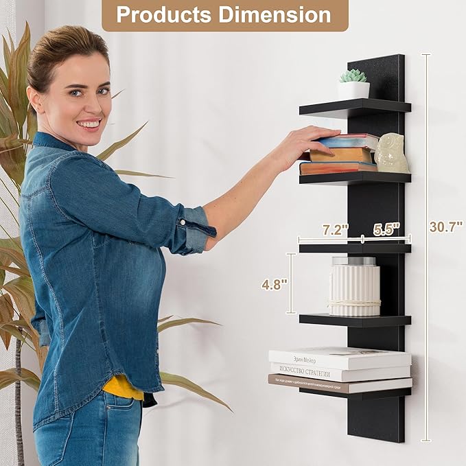 Fun Memories 5 Tier Wall Shelf Unit, Decorative Wall Mount Vertical Shelving, Floating Storage Home Decor Organizer Tall Tower Design Utility Shelving Bedroom Living Room, Black