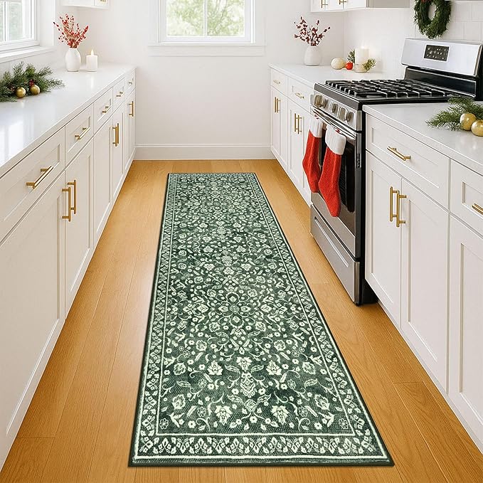 Vintage Washable Runner Rug 2x6, Forest Green Runners for hallways, Super Soft Kitchen Runner Rug Non Slip, Printed Faux Wool Thin Carpet Runner for Entryway Indoor Laundry Room Bedroom