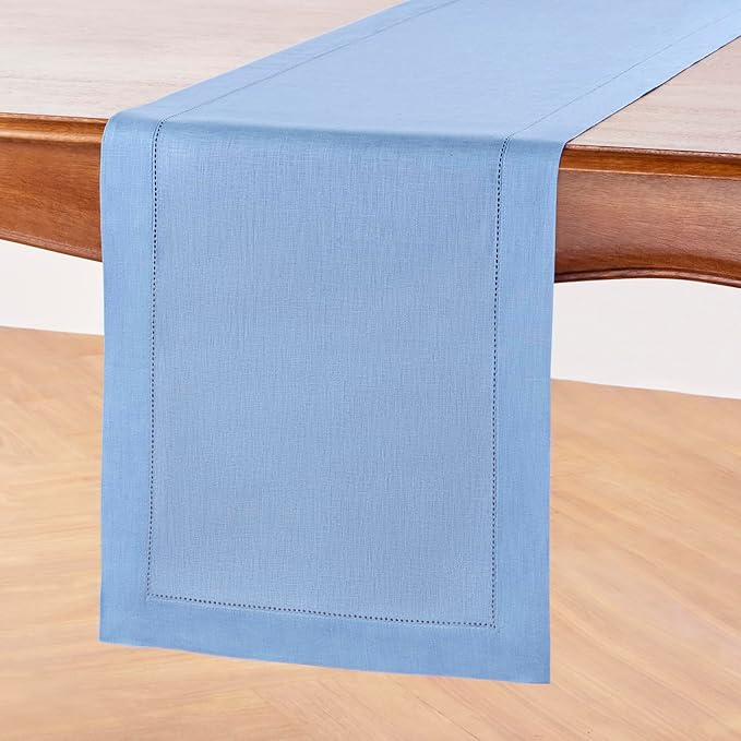 Solino Home Linen Cornflower Blue Hemstitch Table Runner 60 Inches - 100% Pure Linen Table Runner 14 x 60 Inch Ideal for Dresser and Coffee Tables - Classic Hemstitch - Spring, Easter