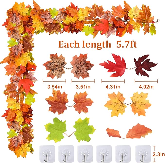 6 Pack Fall Decor for Home Fall Leaves Garland Thanksgiving Decorations Indoor Outdoor 5.8Ft/Piece Artificial Maple Leaf Garland for Autumn Harvest Halloween Party Thanksgiving Decor (Multicolor)