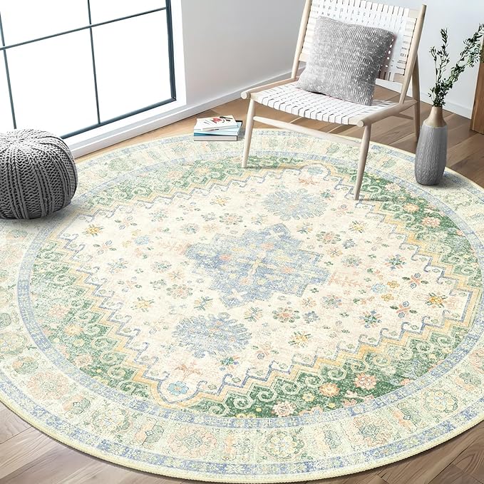 MUJOO Round Rugs 6ft,Circle Area Rug Washable,Circular Rugs for Living Room Dining Room,Large Boho Non Slip Throw Carpet Light Green and Blue