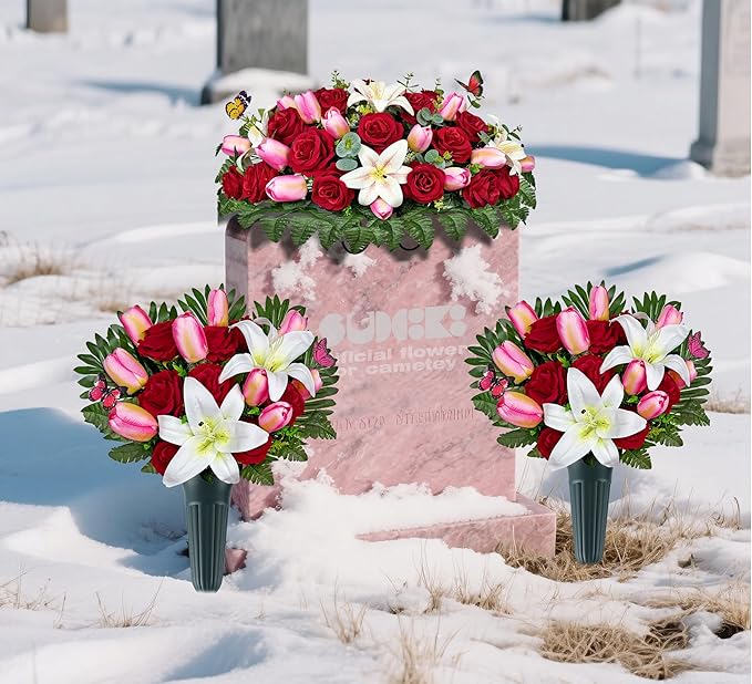 Artificial Cemetery Flowers – Realistic Silk Flower Outdoor Grave Decorations,Headstone Flower Saddle, Non-Bleed Colors, and Easy Fit - Pink Tulip,White Lily and Red Rose