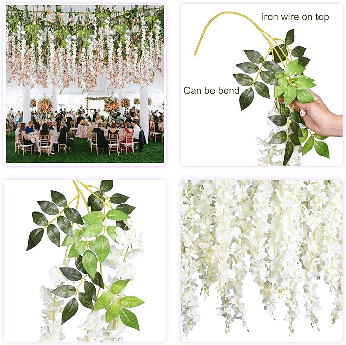 DearHouse 6 Pack Artificial Fake Wisteria Vine Ratta Hanging Garland, 3.75 Feet/Piece Silk Flowers String Home Party Wedding Decor (6PCS-Large White Wisteria)