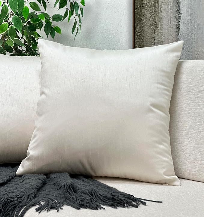 Aiking Home 20x20 Inches Faux Silk Square Throw Pillow Cover, Zipper Closure, Ivory (Set of 2)