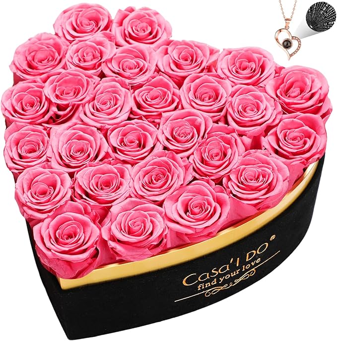 Preserved Roses Flowers for Delivery 27 Pcs, Forever Flores in Heart Box with Necklace, Eternal Rose Anniversary Birthday Gift for Women Wife Girlfriend, Rosas for Valentines Christmas, Pink