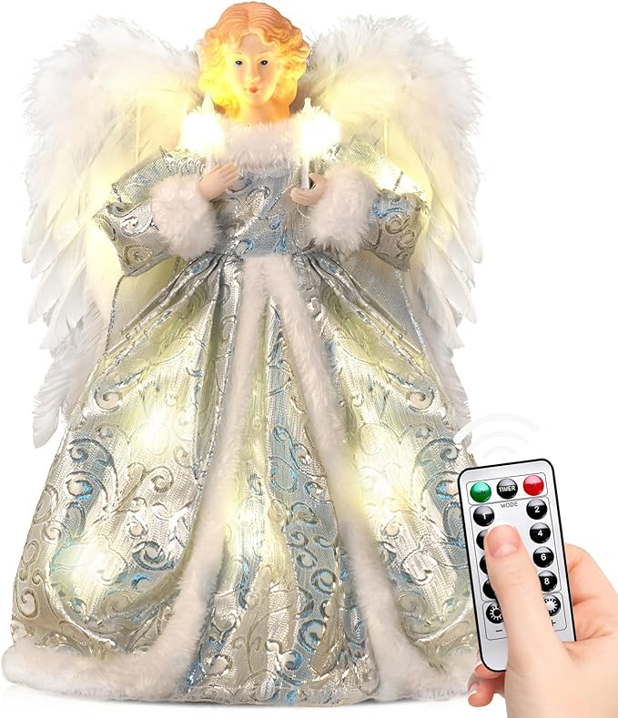 Angel Christmas Tree Topper with Lights and Remote Control, Lighted Tree Toppers Christmas Decorations, Elegant and Durable, Perfect for Xmas Holiday Home Decor and Gifts, Silver, WOKEISE
