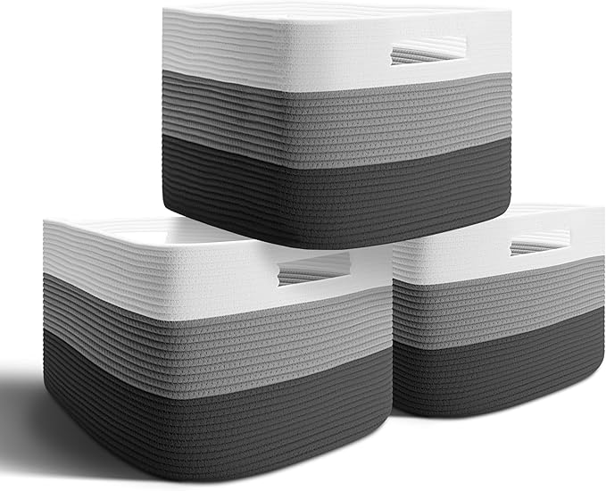 Storage Basket for Shelves, 3 Pack Cotton Blend Storage Bins with Handles, Foldable Woven Baske for Toys, Clothes, Storage, 15''Lx10''Wx9''H