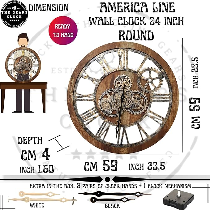 ImprovingLife The Gears Clock The Original Real Moving Gear Wall Clock Vintage Industrial Oversized Rustic Farmhouse (24 inch (60cm), Vintage Aqua Green and Bronze)
