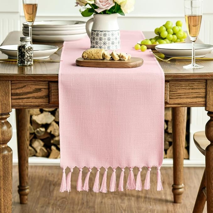 Artoid Mode Blush Pink Tassel Table Runner, Linen Blend Rustic Farmhouse Style Kitchen Table Decoration Holiday Wedding Party Dinning Decor 13x90 Inch