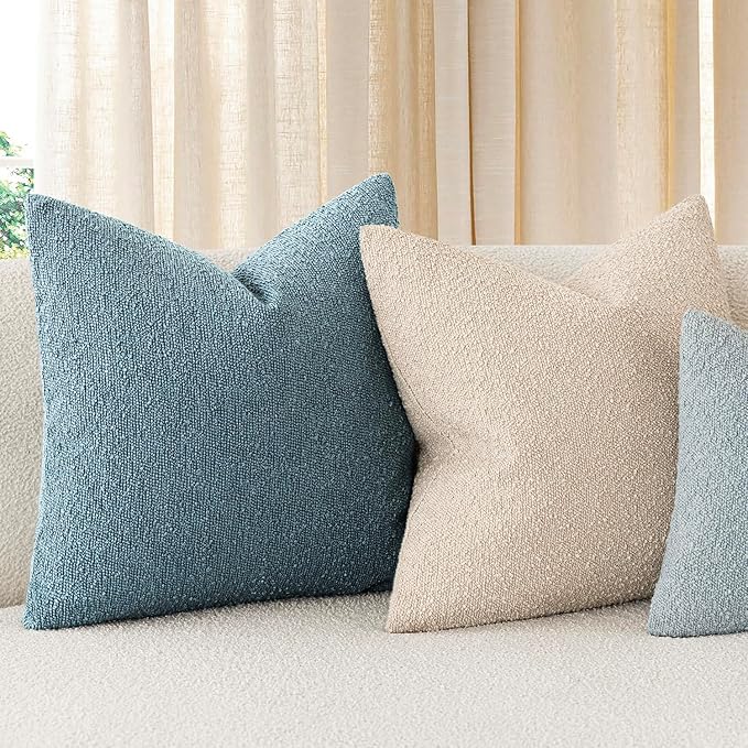 Foindtower Pack of 2 Textured Boucle Throw Pillow Covers Accent Solid Pillow Cases Cozy Soft Decorative Couch Cushion Case for Chair Sofa Bedroom Living Room Home Decor 18x18 Inch Misty Blue