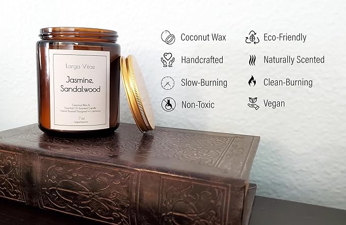 All-Natural Jasmine, Sandalwood Aromatherapy Essential Oil Candle, Safe for People and Pets, Made with Pure Sustainable Organic Vegan Coconut Wax, Allergy Friendly, Non Toxic, Zero Waste