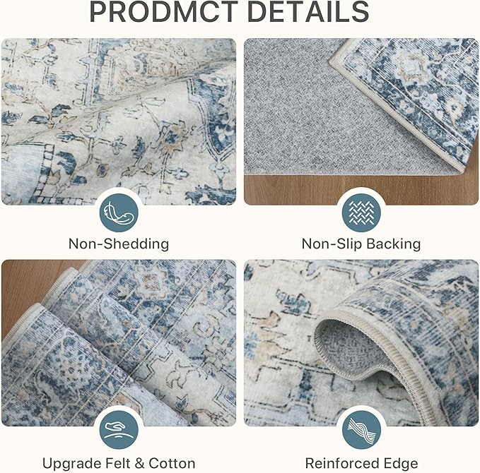 Runner Rug 2'6''x12, Non Slip Vintage Machine Washable Hallway Runner Rugs, Low Pile Lightweight Mat for Hallway, Entryway, Bedroom, Kitchen and Corridor, Blue