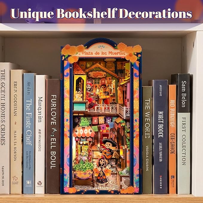 Fsolis Book Nook Kit - Decorative Bookends 3D Wood Puzzles Bookshelf Insert Diorama Kit DIY Miniature House for Adults Bookish Gifts for Women Book Lovers Bookworm (Plaza de Los Muertos)