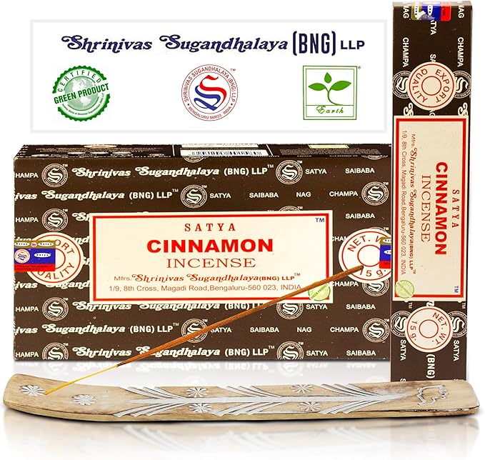 Satya Cinnamon Incense Sticks, Satya Bng (Bangalore) Insenses 15gmx12 Pack with Raajsee Incense Holder Bundle, Satya Nagchampa Natural Incense