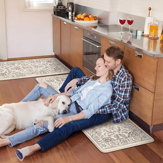 KIMODE Anti Fatigue Mats for Kitchen Floor,Kitchen Rugs Sets of 2 Non Slip,Padded Cushioned Kitchen Floor Mats,Memory Foam Kitchen Mat for Sink Laundry Office Desk,17"x29.5"+17" x47”,Khaki