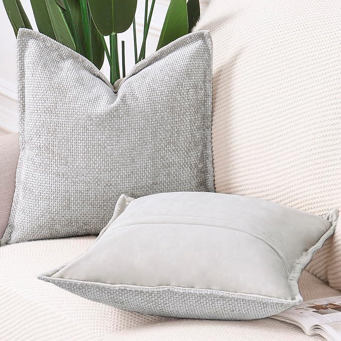 MADIZZ Chenille Velvet Throw Pillow Covers with Flange Set of 2 Super Soft Boho Textured Pillow Covers Decorative Throw Pillowcases Modern Farmhouse Home Decor for Sofa Bedroom Oatmeal 20x20 Inch