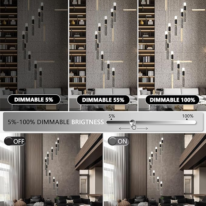 Modern Chandelier,Dimmable Black Gold Led Chandelier for High Ceilings Long Chandelier for Staircase with Remote Controller