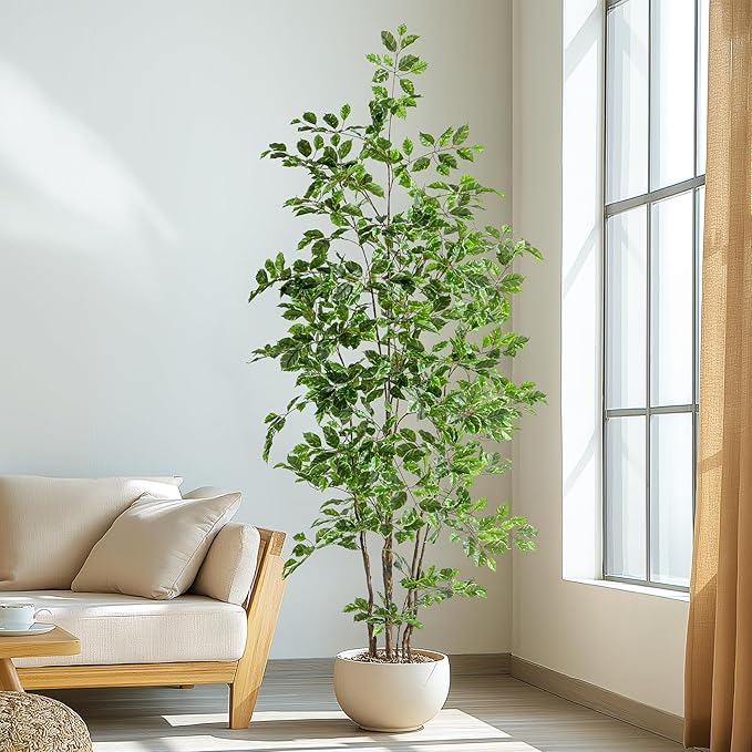 Artificial Ficus Tree Indoor 7ft, Large Potted Faux Tree with Realistic Silk Leaves & Trunk for Home Office, Living Room Corner Decor
