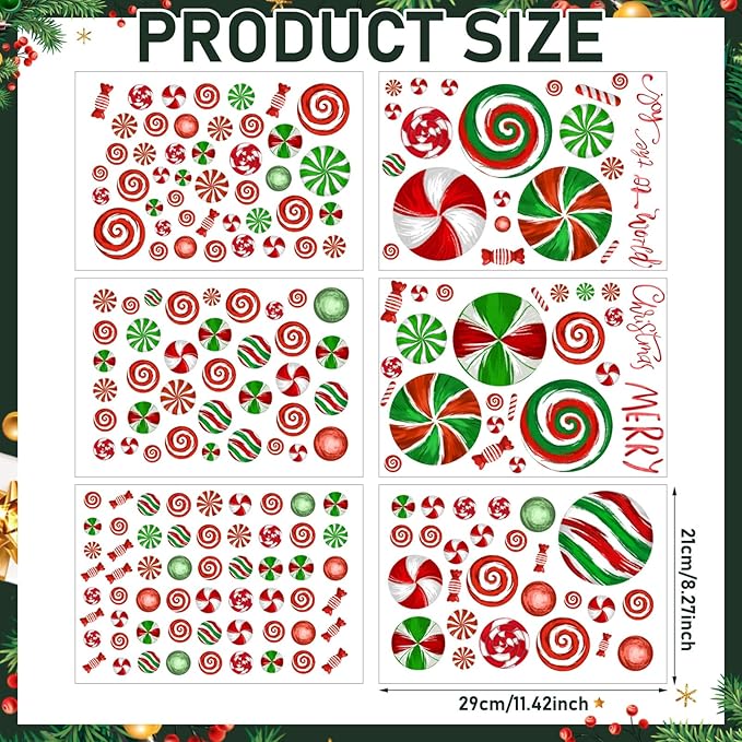 211 Pcs 6 Sheets Christmas Candy Decals Peppermint Wall Stickers Removable Oil Red and Green Candy Stickers Christmas Window Clings for Indoor Living Room Bedroom Nursery Decor