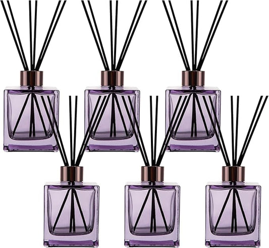 6 Pack Perfume Reed Diffuser Bottle,Empty Square Essential Oil Bottles Glass Jar with Black Sticks for DIY Fragrance Replacement Diffuser Sets (200ml/6.8 oz, Purple Color)