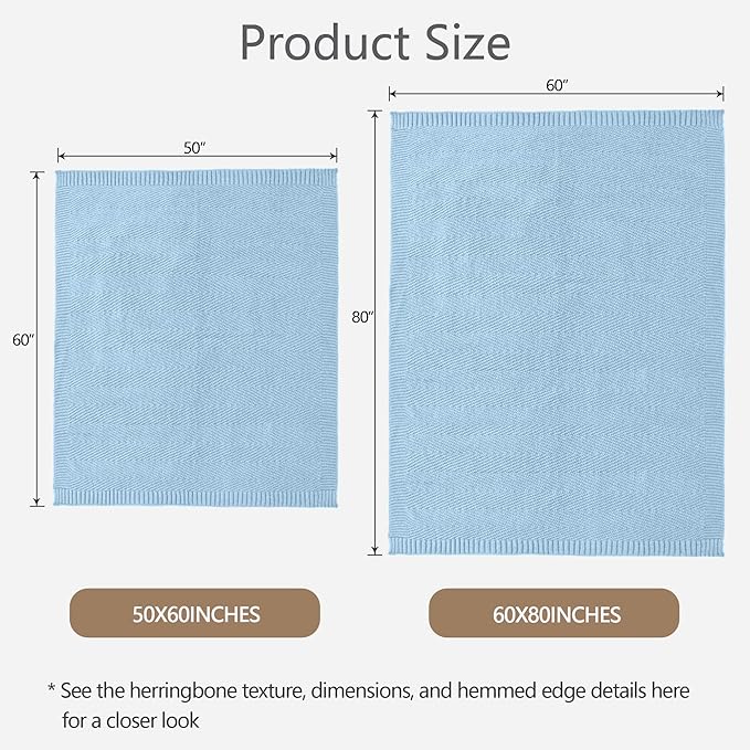 Knitted Throw Blanket 60"X80", Light Blue Knit Throws for Bed, Super Soft Boho Chevron Blankets for Couch Sofa Chair Room Decor, Textured Decorative Farmhouse Cozy Lightweight