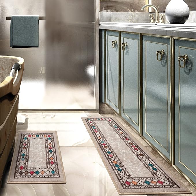 Antep Rugs Alfombras Modern Bordered 2pc Non-Skid (Non-Slip) Low Profile Pile Rubber Backing Indoor Kitchen Runner Rugs (Beige, 2pc Set)