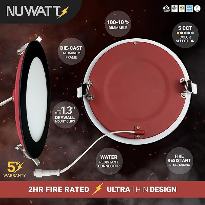 NUWATT 12 Pack Black 2 Hour 6" Fire Rated LED Recessed Lighting, 5CCT 27K/30K/35K/40K/50K, Wet & IC Rated Recessed Light, 15W, Dimmable 1200LM, 90CRI, 6 Inch Black Wafer Lights, No Tenmat Needed, ETL
