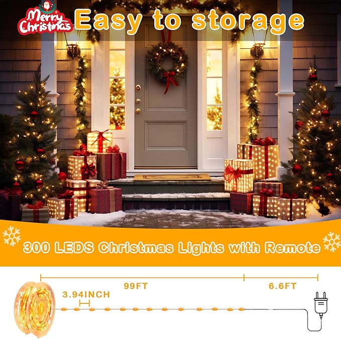 Decute 300Led 99FT Copper Wire Christmas Fairy String Lights Dimmable with Remote Control Starry Lights with UL Cerficated Decorative for Party Wedding Bedroom Yard Christmas Tree Warm White