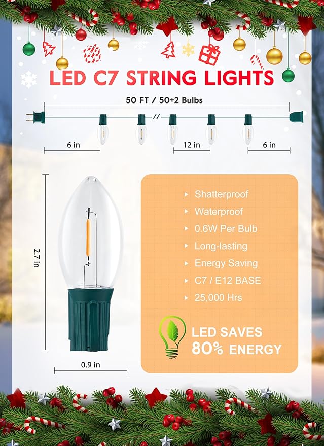 Brightown 50FT C7 Clear LED Christmas String Lights Outdoor, Connectable with 50+2 Bulbs(2 Spare) 0.6W Bulbs, Vintage Hanging Lights for Xmas Holiday Party, Patio, Roofline House Decor