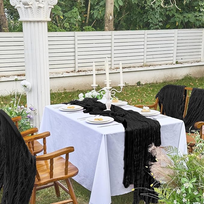 IVAPUPU 10 Pcs Cheesecloth Halloween Table Runner - 10ft Black Boho Gauze Black Cheese Cloth Table Runners for Halloween Decor Indoor Baby Shower Decoration Wedding Party Summer Garden Farmhouse