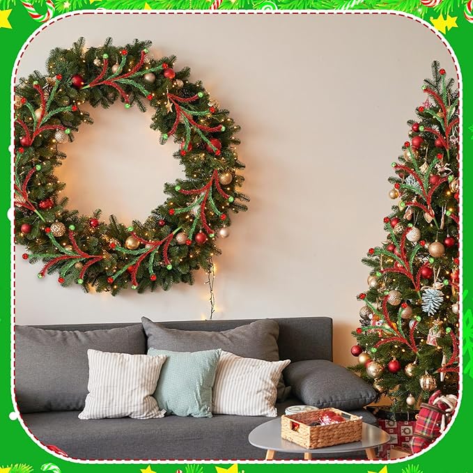 Norme 12 Pcs Red and Green Sparkle Christmas Tree Picks and Spray Christmas Tree Topper Decoration 13.8 Inch Artificial Glitter Curly Pick Stem Branches with Ball for Xmas Vase Filler Wreath Craft