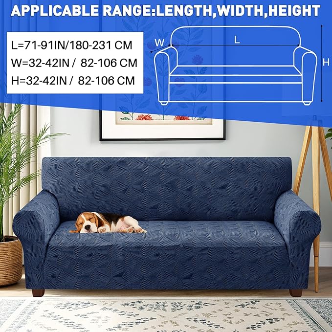 YEMYHOM 1 Piece Stretch Couch Covers for 3 Cushion Couch, Jacquard Sofa Cover with Non-Slip Elastic Bottom, Thickened Slipcover Furniture Protector for Dogs Pets (Large, Navy）