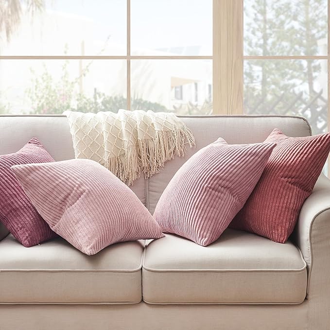 Topfinel Throw Pillow Cover 4pc Set - Multi Pink Combo - 26" x 26" Solid Cozy Corduroy Square Accent Decorative Cushion Case for Couch Sofa Chair Bed & Home, Only Covers