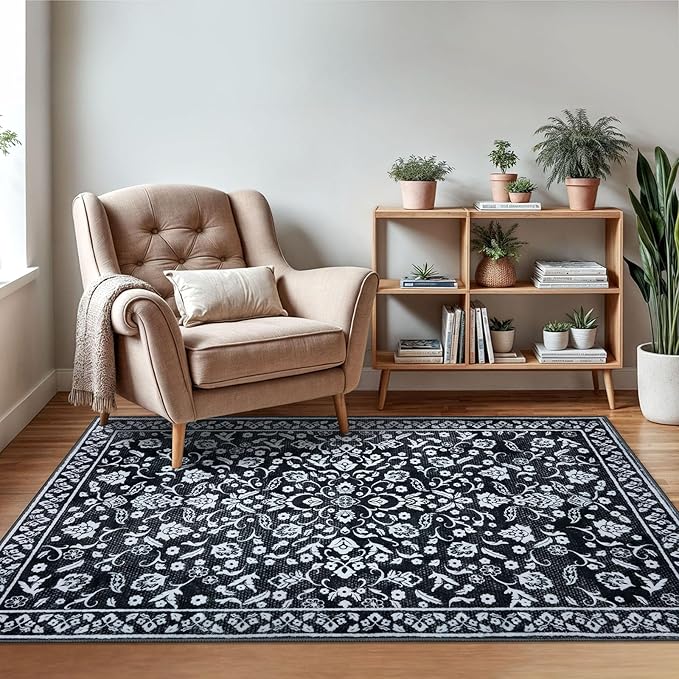 Vintage 3x5 Washable Rug for Entryway, Super Soft Black White Entryway Rug Non-Slip, Printed Faux Wool Floral 3x5 Area Rug Thin Floor Carpet for Kitchen, Bedroom, Office, Living Room