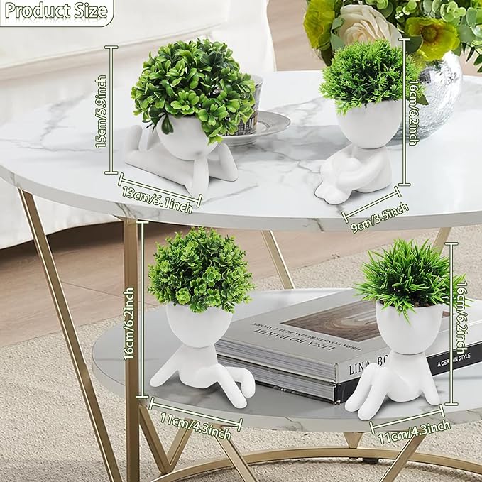 MAKHOT 4 Packs Creative Fake Plants Artificial Succulents Plants in Ceramic Human Shaped Pots, Cute Faux Succulents Mini Plant for Room Bathroom Home Office Desk Accessories Decor(White)