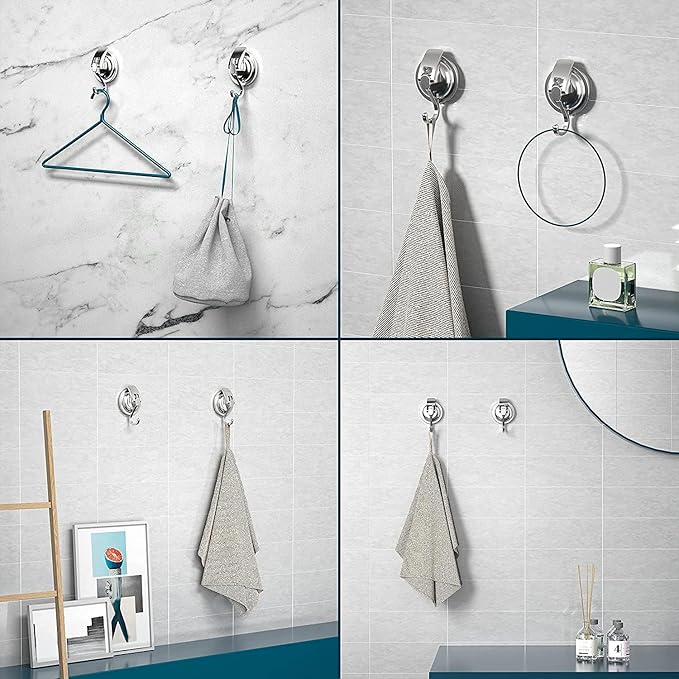 Heavy Duty Vacuum Suction Cup Hooks, Silver Plated Polished Super Suction for Kitchen Bathroom, 4 Pack